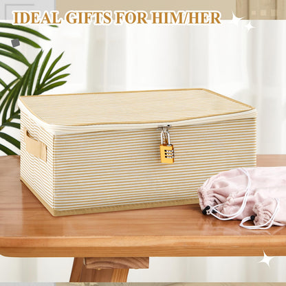 Briwooody Discreet Lockable Toy Bag Storage Organizer Toy Bag Storage Bins Case with Zipper Lid 15 x 10 x 5.9 Inches for Women and Men Clothes Container(Gold Stripes)