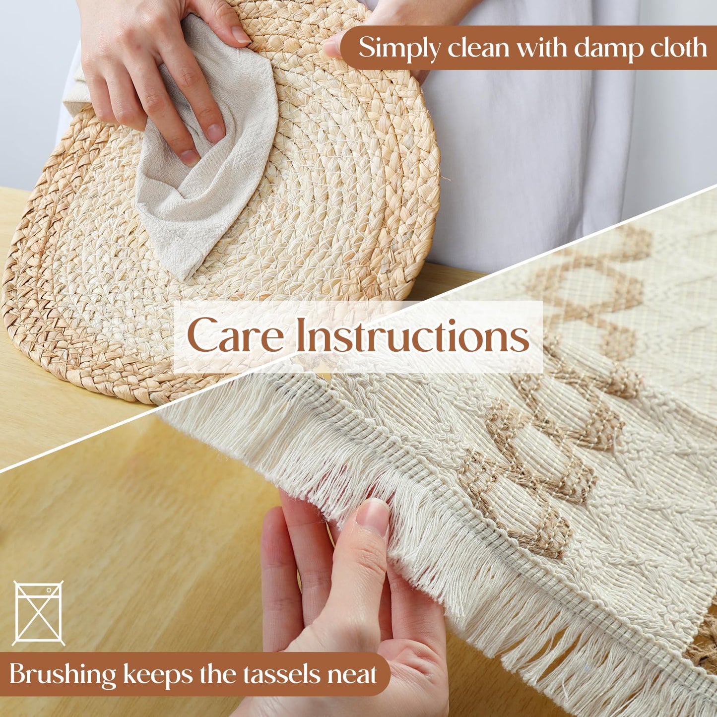 YANGQIHOME Boho Placemats Set of 4, Farmhouse Rustic Woven Placemats for Dining Table Decor, Handmade Braided Place Mats in Natural Cotton Jute and Water Straw for Kitchen Table