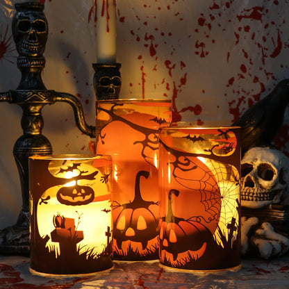 Eldnacele Halloween Flameless Candles with Remote Pumpkin, Spider Web Decal and Castle Decals Battery Operated Real Wax Flickering Glass Pillar Candle for Spooky Halloween Decor 3 Pack