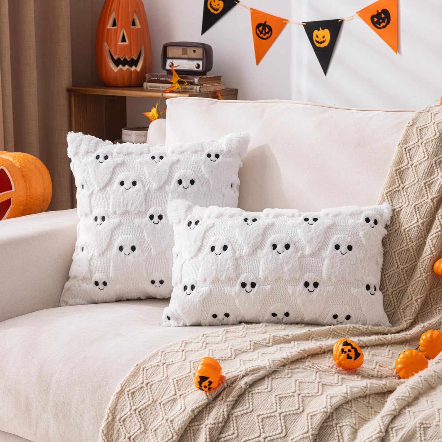 AQOTHES Halloween White Smile Ghost Throw Pillow Covers 18x18 inch Set of 2, Cute Skeleton Pillowcases Holiday Cushions Covers for Halloween Decorations Indoor Home Sofa Couch