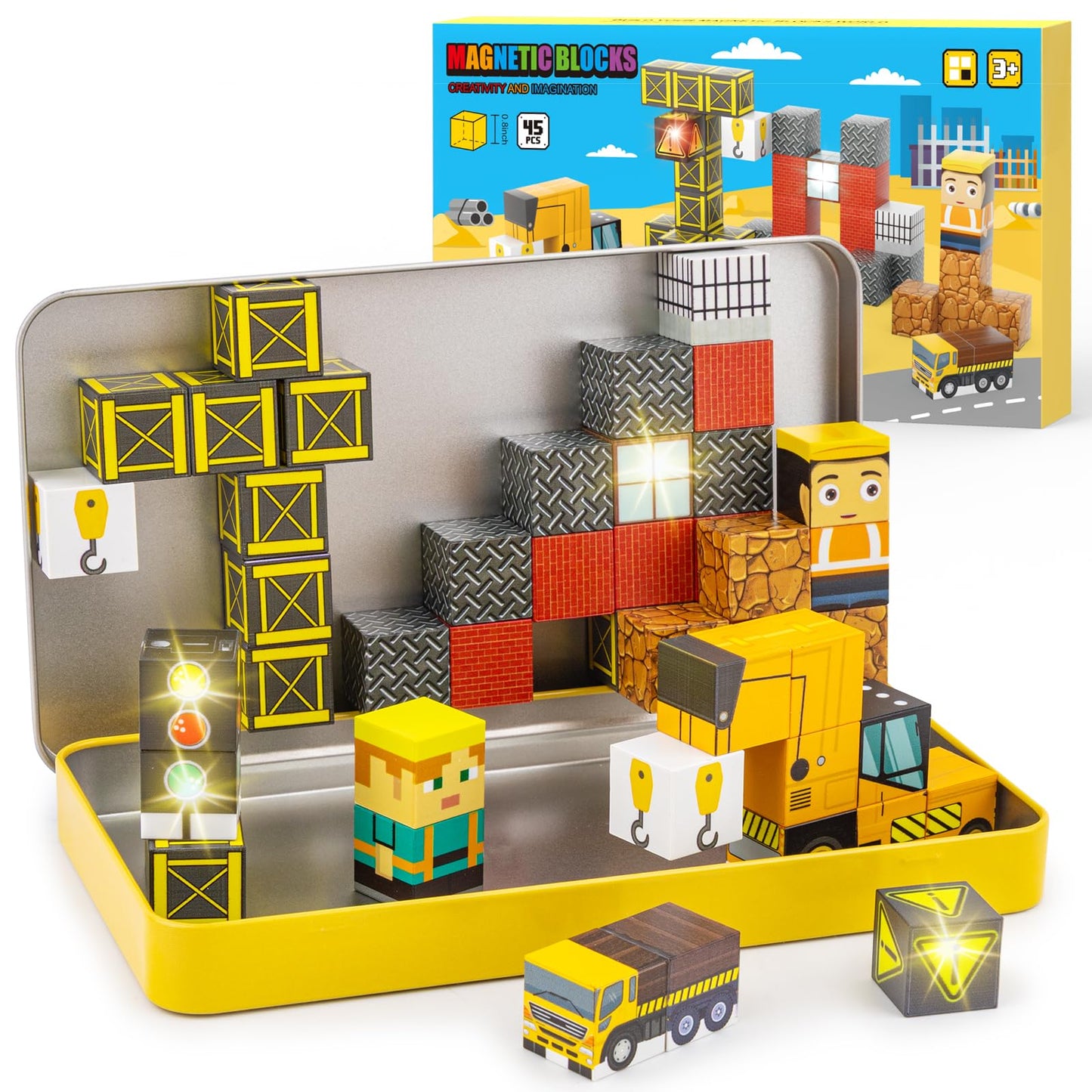 Aywewii Travel Magnetic Blocks 45 PCS Travel Toys for Kids Ages 3-5, Magnet Building Cubes STEM Learning Set with Iron Case - Portable Building Toys for Boys and Girls (Construction Edition 1)
