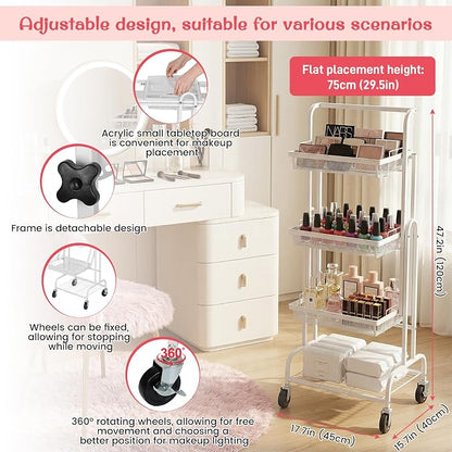 Werhoo 90° to 180° Adjustable Makeup Organizer Cart (Detachable Tabletop) with Drawers-4 Tier, Metal Beauty Cart with Enlarged Wheel Move to Bedroom, Bathroom and Living Room for Flexible Makeup
