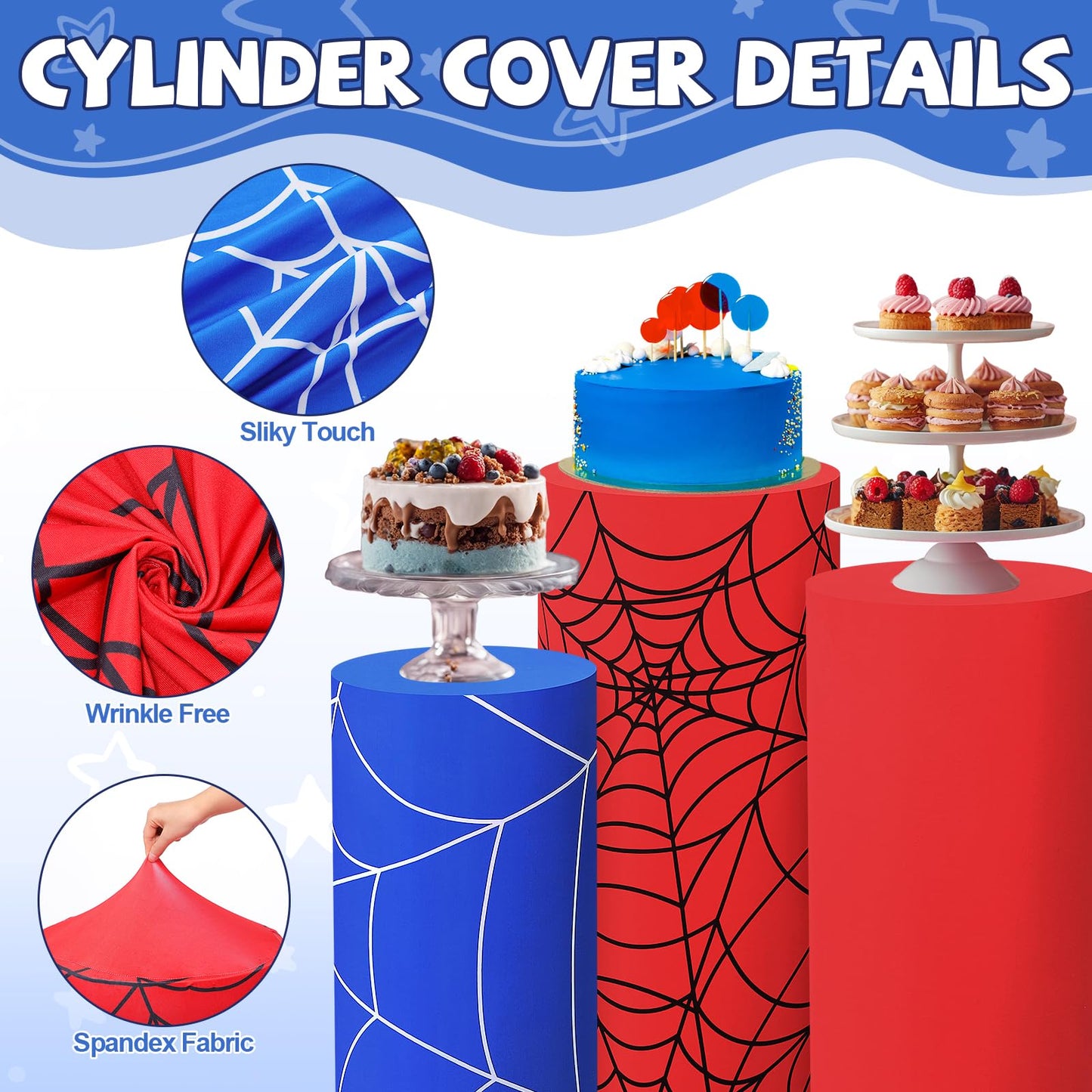 Mindsoft Set of 3 Spider Themed Spandex Cylinder Stand Covers for Carnival Party, Red Blue Cylinder Pedestal Cover, Dessert Table Display for Birthday Baby Shower Backdrop Decor(Spider)