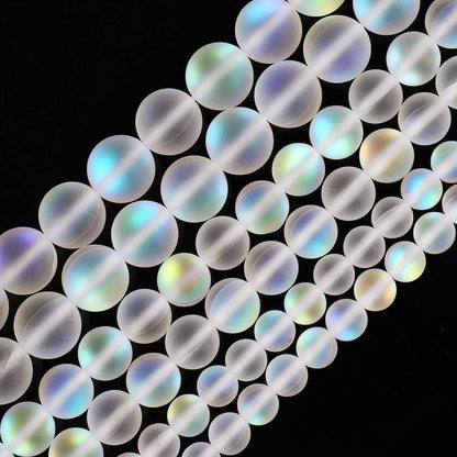 Matte White Aurora Crystal Glass Beads, 8MM Frosted Glitter Shining Mermaid Round Loose Beads, Rainbow Holographic Synthetic Moonstone for Jewelry Making DIY Bracelet
