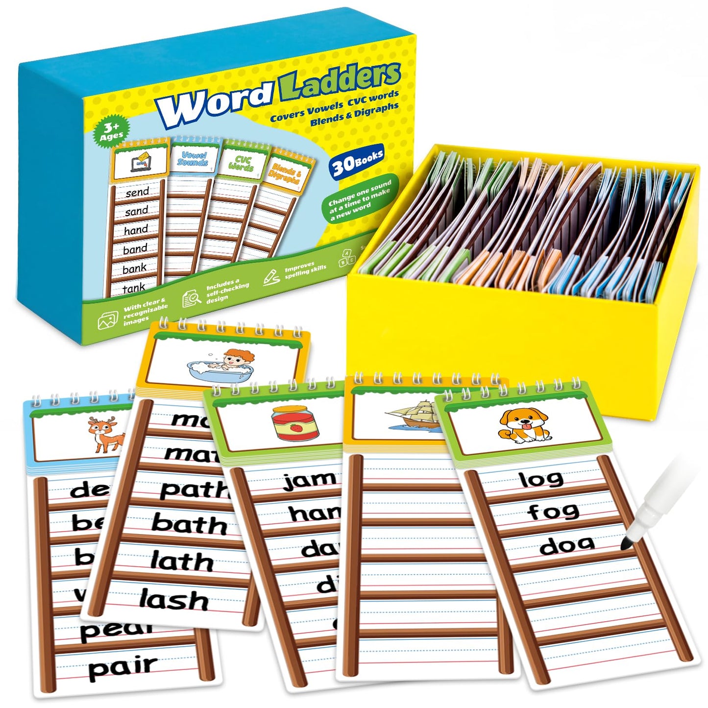 Edulok 30 Word Ladder Flip Books,Phonics Flash Cards,Word Ladders Word Family Build Book,Sight Words Reading Spelling Games Phonics Flip Books for Kids Classroom Homeschool Preschool Learning Activity