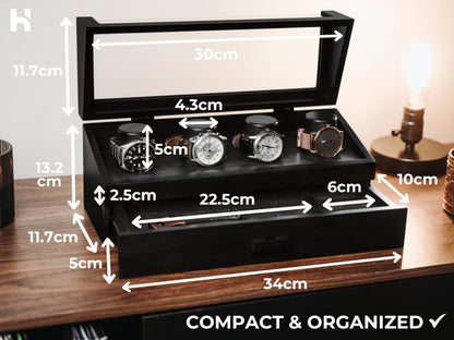 Premium 4 Slot Watch Box for Men (2026 Upgraded) – Wooden Watch Display Case with Hinged Wood Cover, Leather Lining & Drawer – Watch Organizer Stand – Handcrafted Luxury Father's Day Present for Men