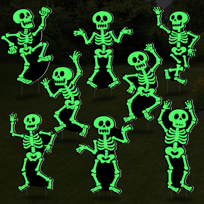 BOUTICOL 8 Pcs Halloween Glow in The Dark Skeleton Yard Signs Outdoor Decoration, Fluorescent Skeleton Ghost Yard Signs with Stakes for Lawn Garden Front Yard Cemetery Decor