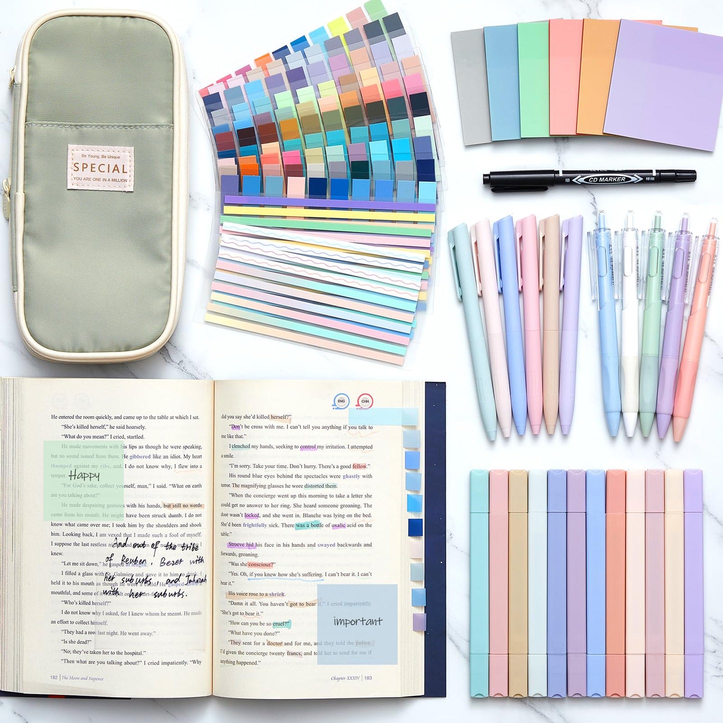 Trandraft 135 Pcs Book Annotation Kit with Pencil Case, 12 Pastel Highlighters, 11 Gel Pens, Fine Marker, 300 Transparent Sticky Notes, 2640 Index Tabs, Bible Study Supplies Kit(Classic,Light Green)