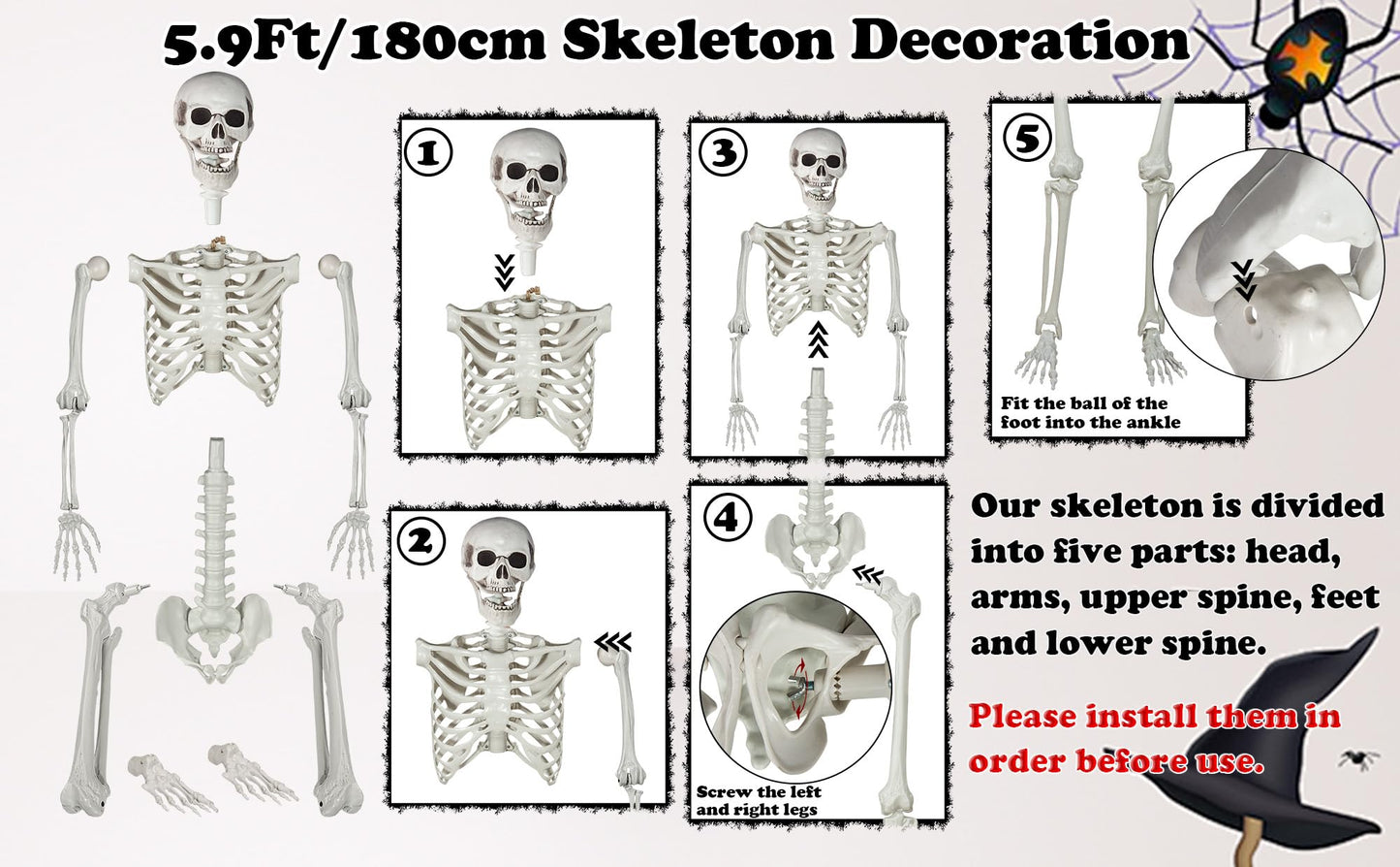 LaLamona 5.9ft/180cm Posable Halloween Skeleton, Life Size Skeleton Bones with Movable Joints for Halloween Graveyard Haunted House Spooky Scene Decor, 1pc