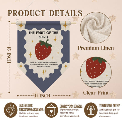 RUKUPA Christian Strawberry Wall Art Decor, the Fruit of the Spirit Bible Verse Hanging Pennant Flag, Religious Wall Art Poster Hanger for Home Bedroom Living Room Kitchen Girls Room Decor, 11x15 Inch