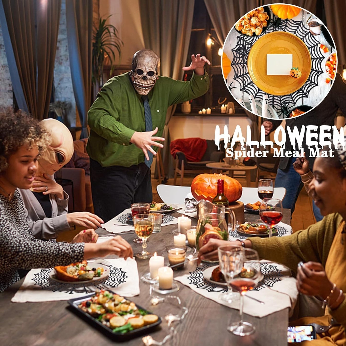 8 Pcs Halloween Spider Web Placemats- 15" Heat Insulation Halloween Placemats Spider Web Table Mats- Hollow Out Spiderweb Coasters Placemat for Dining Table Halloweens Decoration (Black)