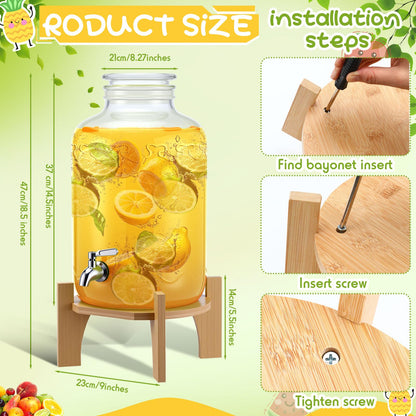 FillTouch 3 Gallon Drink Dispenser with Stand Glass Beverage Dispenser Drink Dispensers with Lid 18/8 Stainless Steel Spigot for Picnics, BBQ, Parties and Daily(Classic Style,Wood Stand)