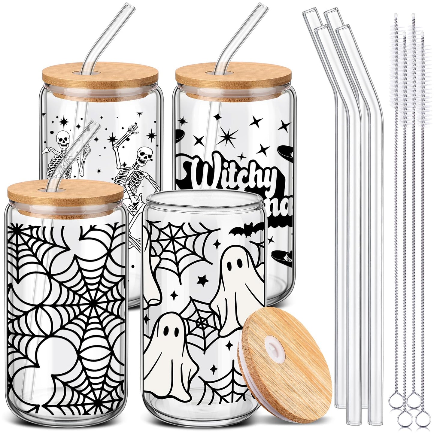 SiliFine 4 Pcs Halloween Glass Cups with Lid and Straw 16 oz Drinking Glasses Halloween Iced Coffee Cups Can Shape Ghost Spiderweb Skeleton Mug Tumbler for Women Men Birthday Party Favor Gift