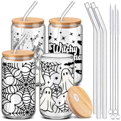 SiliFine 4 Pcs Halloween Glass Cups with Lid and Straw 16 oz Drinking Glasses Halloween Iced Coffee Cups Can Shape Ghost Spiderweb Skeleton Mug Tumbler for Women Men Birthday Party Favor Gift
