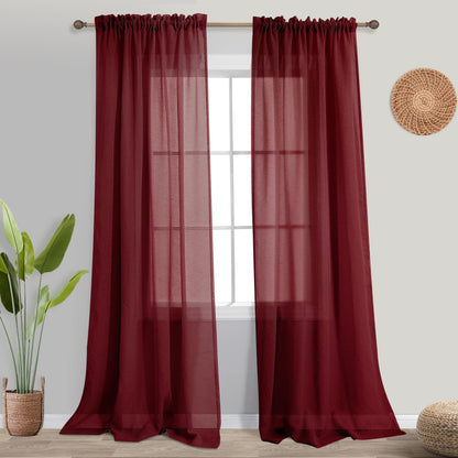 KOUFALL Burgundy Red Curtains 96 Inches Long for Living Room 2 Panel Set Linen Semi Privavy Light Filtering Sheer Drapes for Bedroom 96 Inches Long Dark Wine