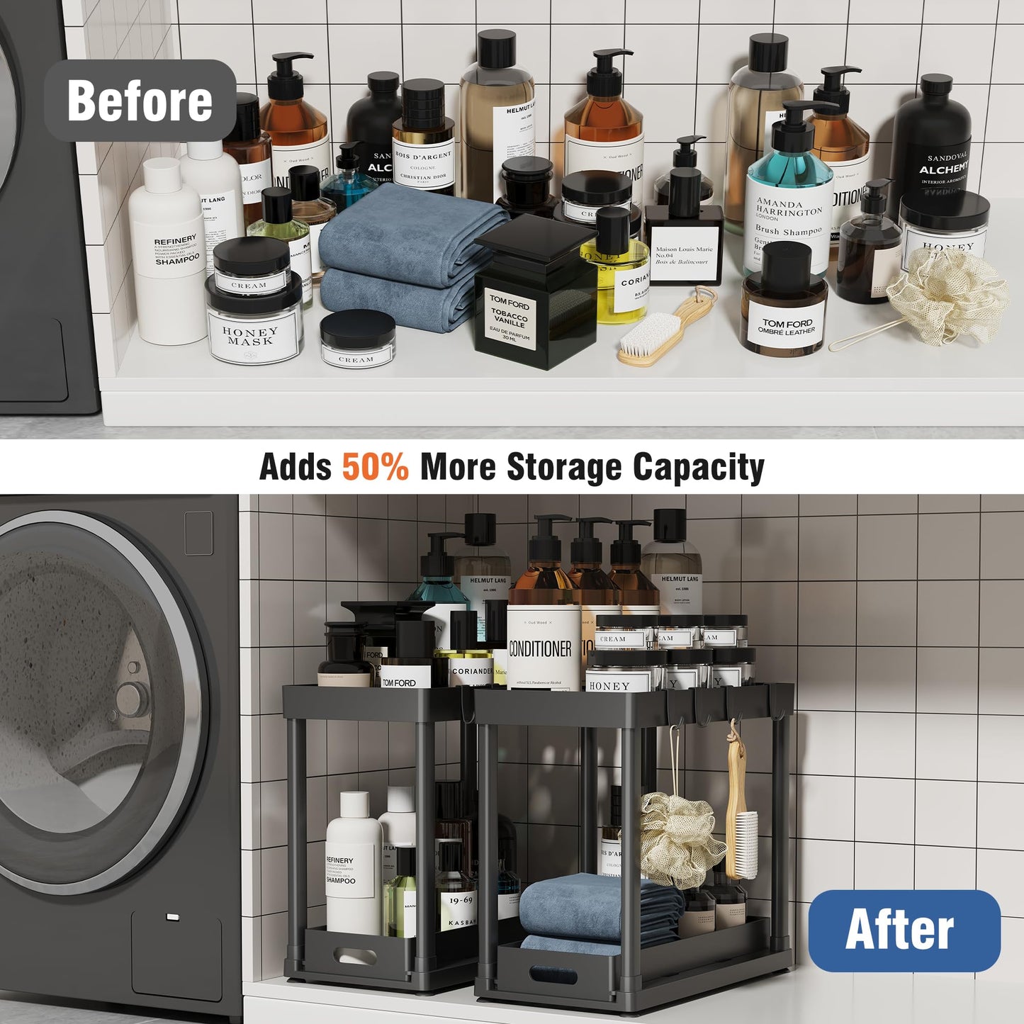 2PC Under Sink Organizer Rack 2 Tier Under Sliding Cabinet Basket Organizer Drawer with 4 Hooks, Multi-purpose Under Sink Storage for Bathroom Kitchen Desktop（Black）