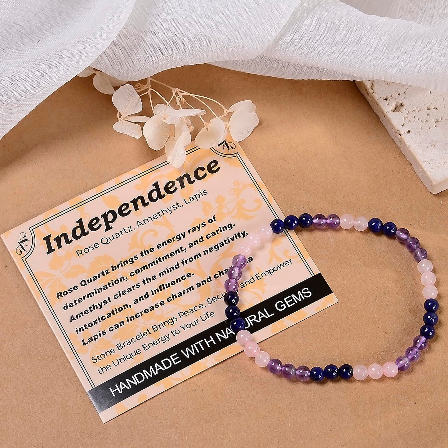 MASSIVE BEADS Rose Quartz Amethyst Lapis - Independence Handmade Handmade Yoga Stretch Elastic Bracelet Natural Stone Crystal Healing Power Energy Gifts for Unisex Adult 4mm