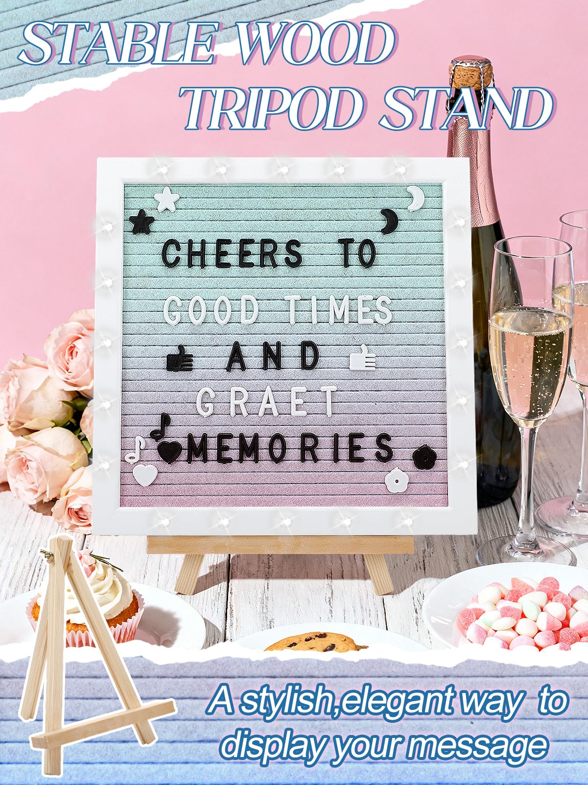 Changeable Felt Letter Board with LED Lights - 10×10" Message Custom Signs & Wood Stand & 450 Letters, Poster Board for Baby/Pregnancy Announcement/Classroom Decor Gifts First Day of School, Gradient