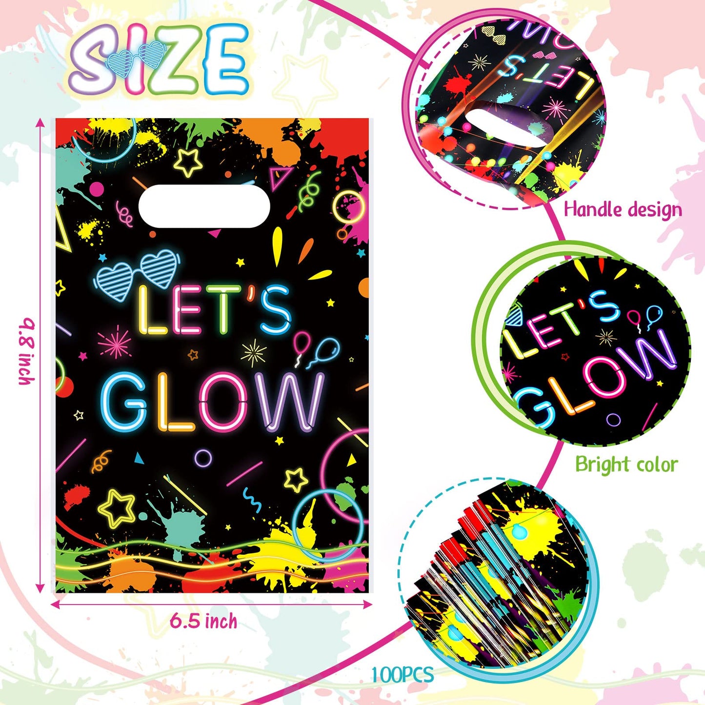Pajean 100 Pieces Let's Glow Party Bags in the Dark Supplies Neon Goodie Candy with Die Cut Handles Theme Treat Gift for Kids Birthday Baby Shower Decorations