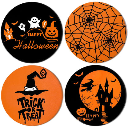 JarThenaAMCS 4Pcs Halloween Coasters Orange Black Round Ceramic Coaster Trick or Treat Heat-Resistant Cup Mats for Wooden Table Protection Home Party Supplies