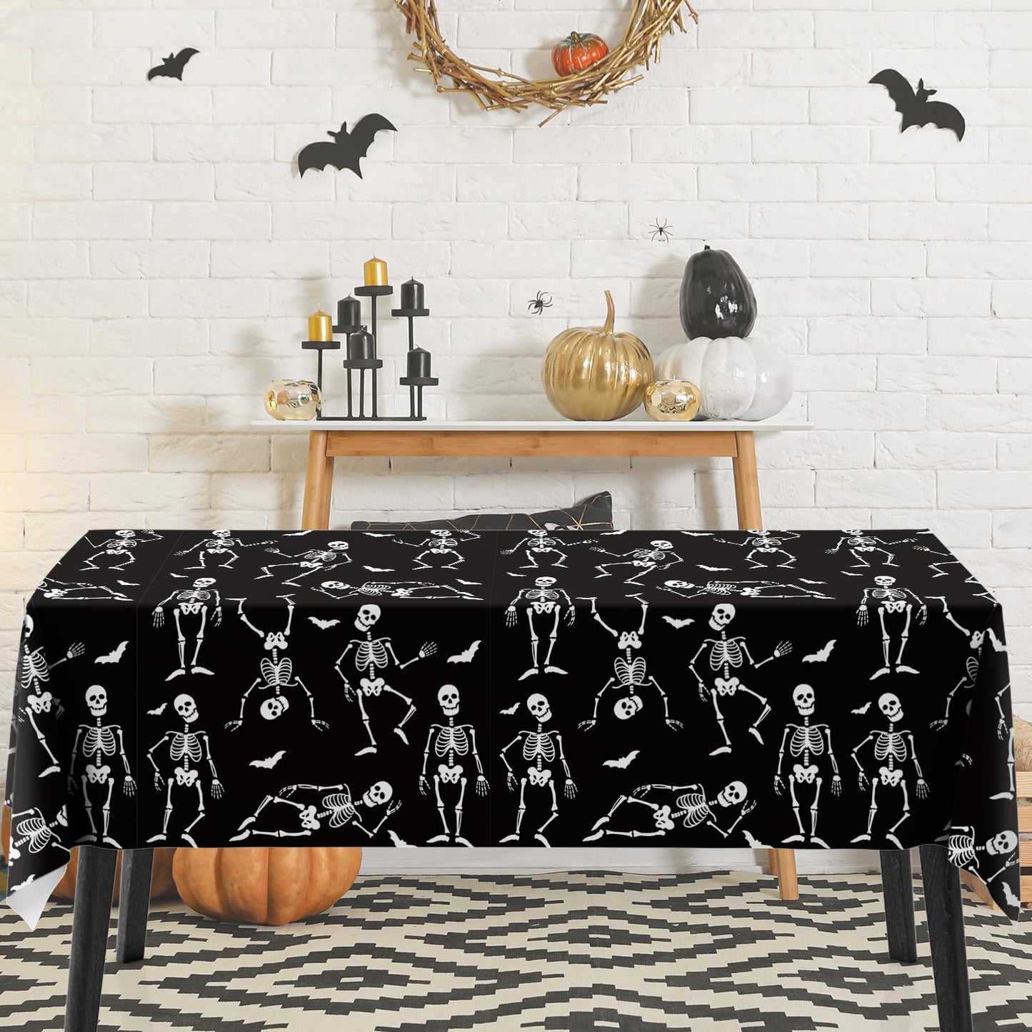 JarThenaAMCS 6 Pcs Halloween Plastic Tablecloth Funny Dancing Skeleton Table Cover Black White Disposable Table Cloth for Halloween Party Home Kitchen Dining Decor, 54 x 108 Inch