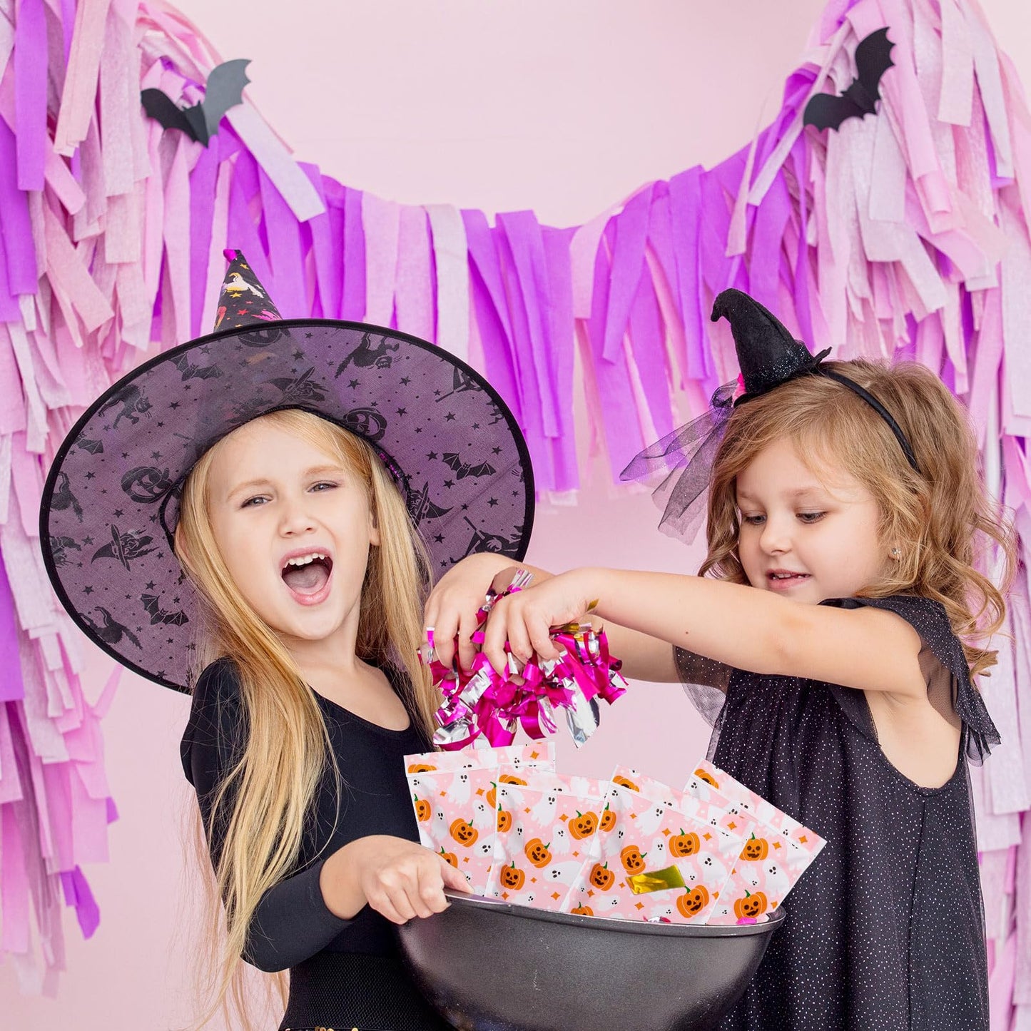 Whaline 100Pcs Halloween Treat Bags Self Adhesive Pink-Orange Ghost Pumpkin Candy Goodie Bag Cute Buffet Favor Bag for Trick or Treat Birthday Party Supplies
