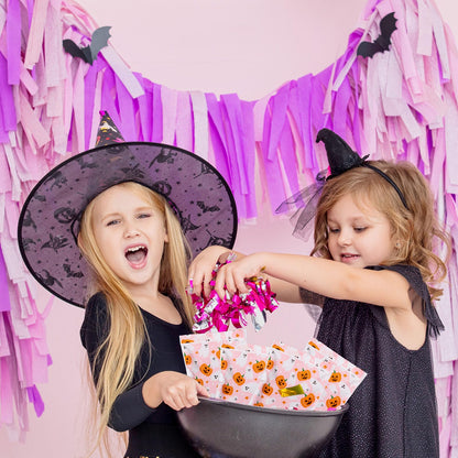 Whaline 100Pcs Halloween Treat Bags Self Adhesive Pink-Orange Ghost Pumpkin Candy Goodie Bag Cute Buffet Favor Bag for Trick or Treat Birthday Party Supplies