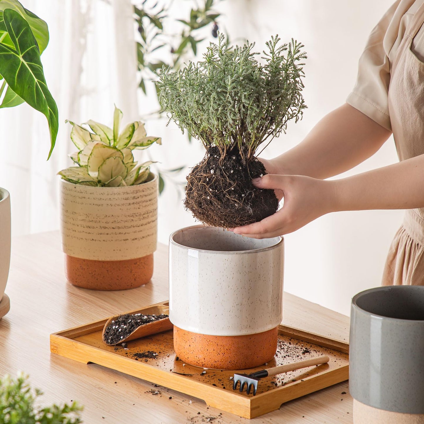 Chubacoo Self Watering Plant Pot: 6 Inch Ceramic Planter with Drainage Hole & Water Storage Plus - Flower Pot for Indoor & Outdoor Plants (Retro Grey, Small)