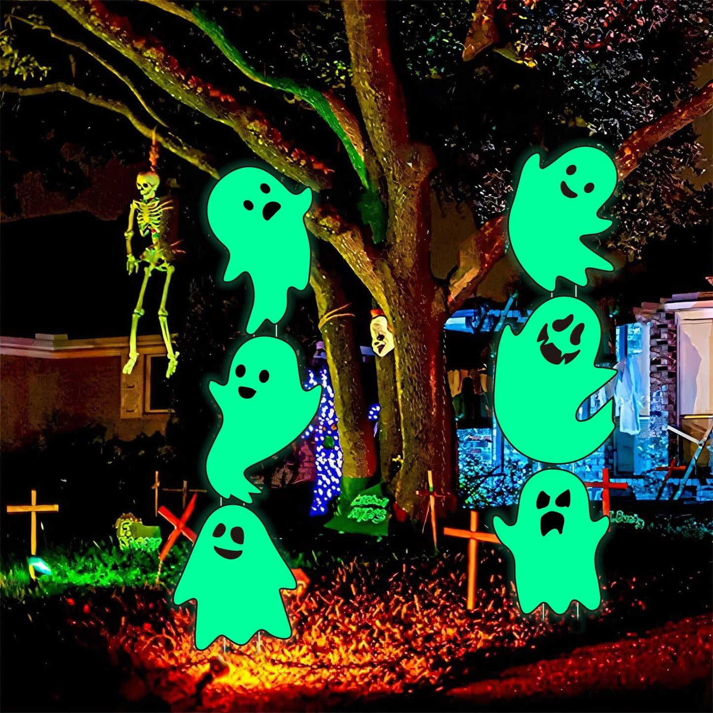 6Pcs Halloween Ghost Yard Stakes Glow in The Dark, 17"x12" Large Light Up Scary Ghost Decorations for Outdoor Lawn, Porch, Cemetery and Indoor Haunted House Displays, Waterproof and Easy Setup