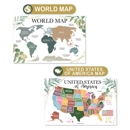 4 Alphabet, Map of United States, World Map, & Solar System Posters - Laminated ABC Charts for Toddlers Wall Decor, Greenery Posters for Kindergarten, Prek Classroom or Homeschool 11x17