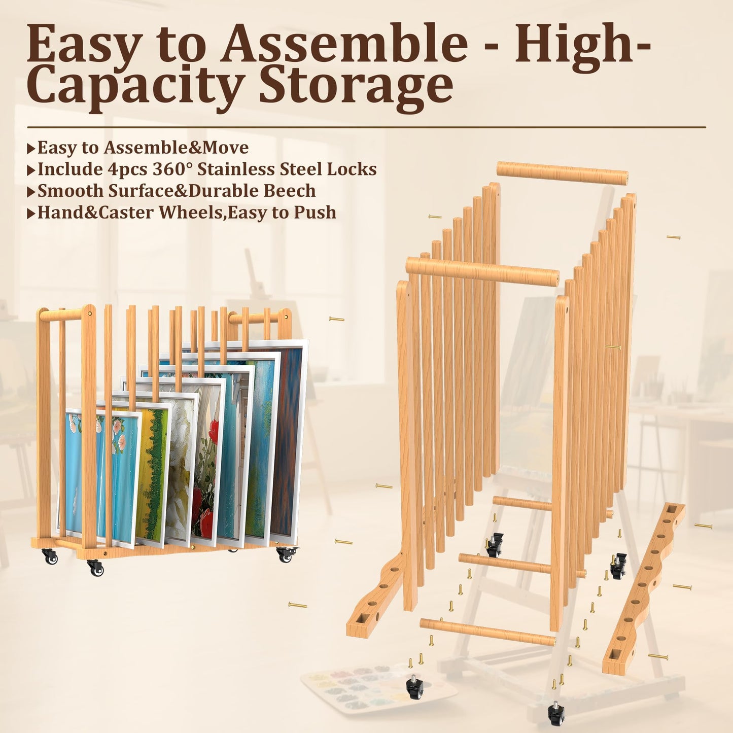 BERPET Wood Art Drying Rack, Canvas Storage Rack with Handle and Caster Wheels for Drawing Board, Panel, Paper Pad and Art Studios, Artworks, Gallery