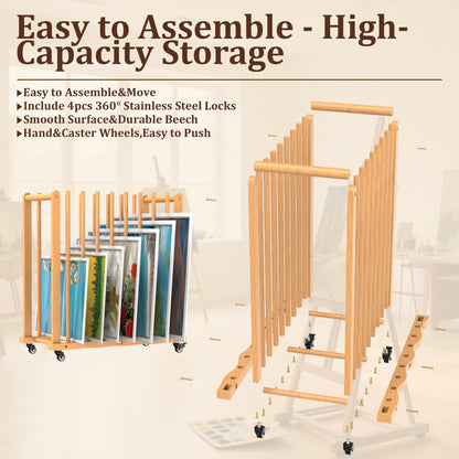 BERPET Wood Art Drying Rack, Canvas Storage Rack with Handle and Caster Wheels for Drawing Board, Panel, Paper Pad and Art Studios, Artworks, Gallery