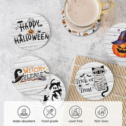 Coaster for Coffee Table Halloween Absorbent Coasters Set - Spooky, Decorative Drink Coasters for Home, Office, and Parties - 6-Pack with Holder Wooden Background