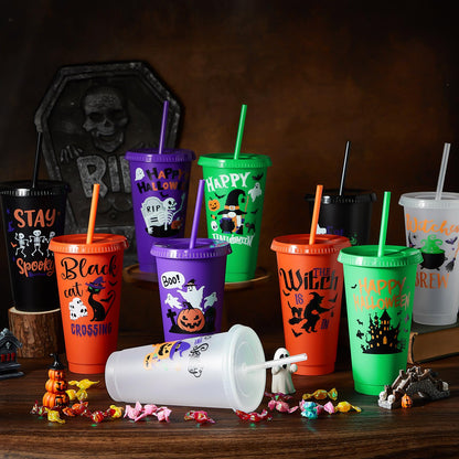 Chuangdi 30 Pack Halloween Plastic Tumbler with Lids and Straws Reusable Plastic Cups Spooky Cups Bulk for Kids Adults Halloween Party Birthday Supplies(24 oz,Pumpkin)