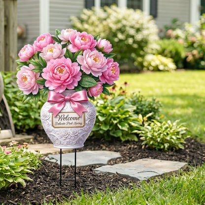 Tooyuart Pink Peony Flower Garden Stake, 20" Flat Metal Welcome Sign, Rustproof Metal Flower Vase Yard Art, Spring Yard Outdoor Decorations for Patio Lawn Garden