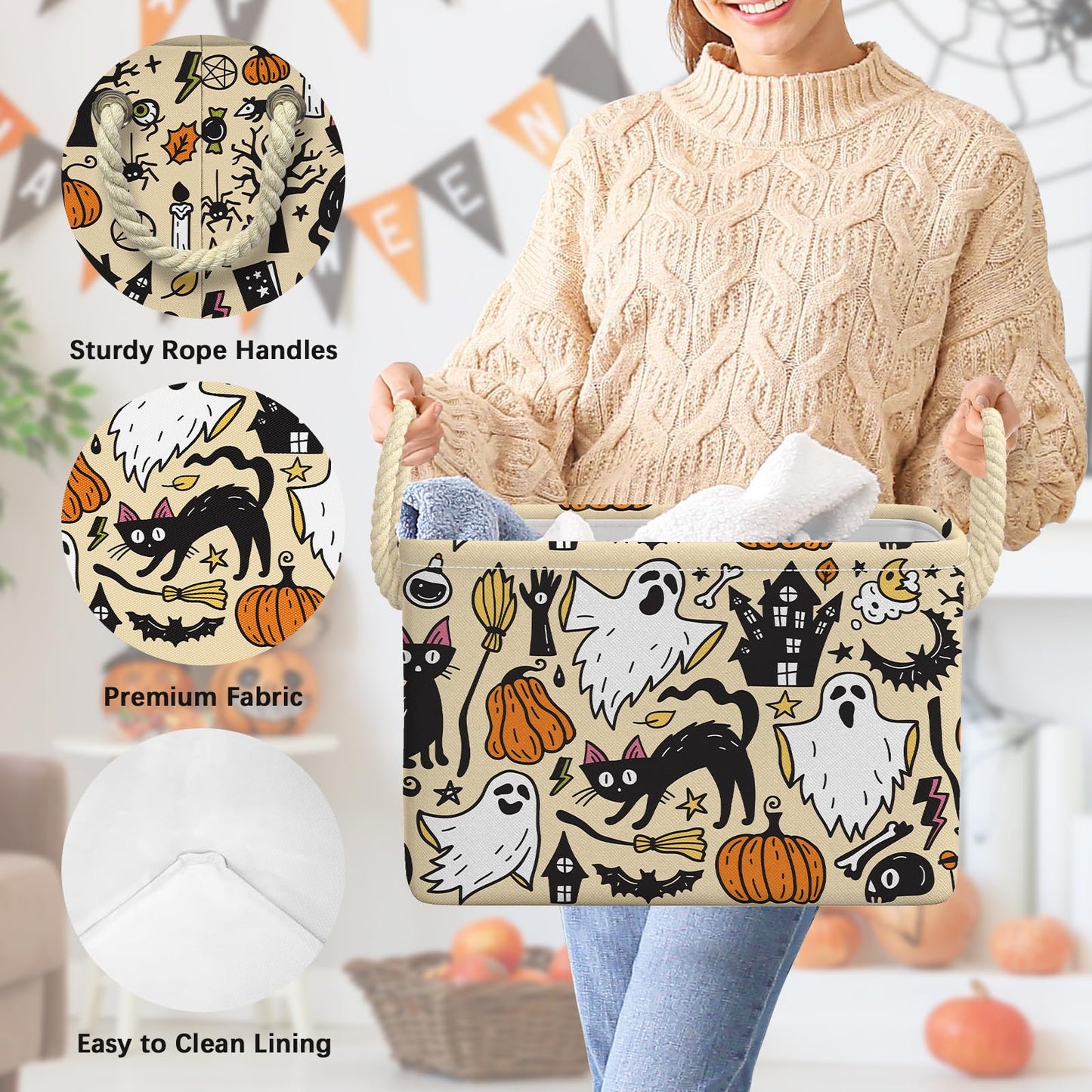 Casuru Halloween Ghost Basket Pumpkin Black Bat Boo Spooky Basket with Handles Foldable Halloween Gifts Storage Bins Boxes for Party Home Bedroom Decor