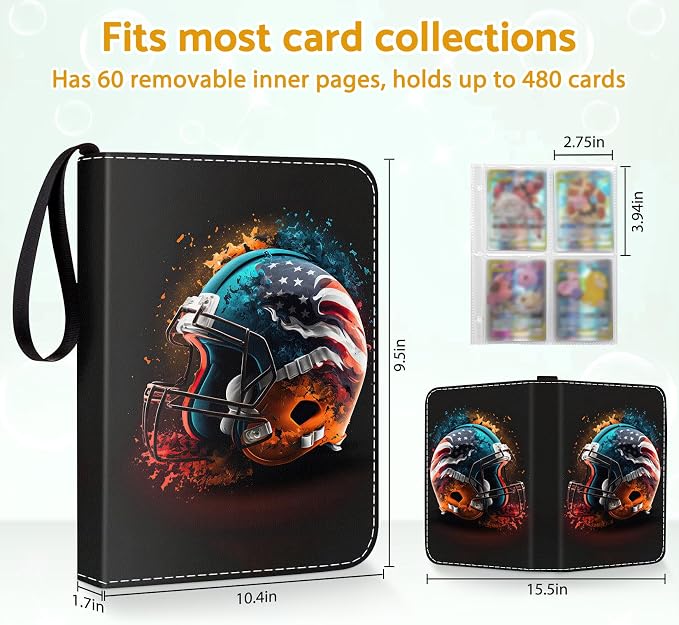 Football Card Binder Holder 480 Pockets with 60 Removable Sleeves, Portable Sports Trading Standard Sized Cards Binder Album Collector Organizer Protectors with Zipper,Waterproof