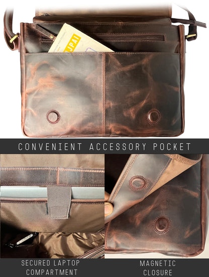 Leather Messenger Bag for Men 14 inch Leather Laptop Bag Vintage Crossbody Office Satchel Travel Shoulder Bag, Dark Brown