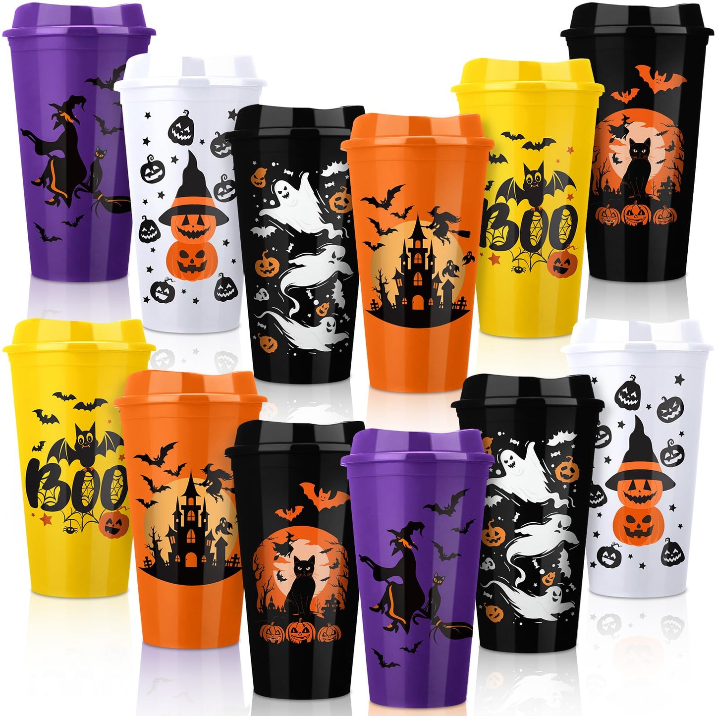 Pickmesh 12 Pack Halloween Reusable Coffee Cup Gift Bulk 16 oz Witch Bat Pumpkin Black Cat Horror Pattern Tumblers with Lid Plastic Cups Travel Coffee Mug Thank You Gifts for Hot and Cold Drinks