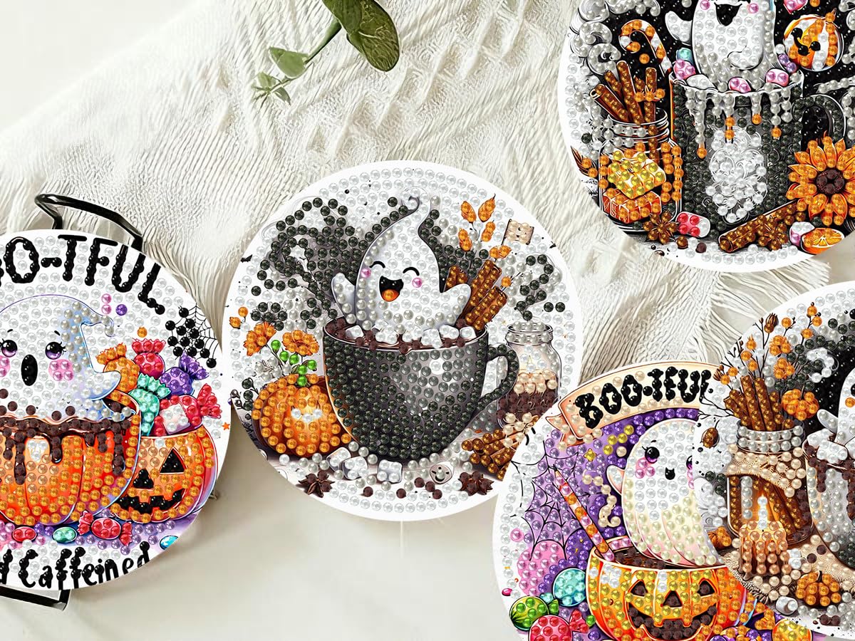 8 PCS Halloween Diamond Art Coasters Kits, Ghost Diamond Painting Coaster Kits Diamond Coasters with Holder Cork Pads Gem Art Dots Paintings Crafts Supplies for Adults Beginners