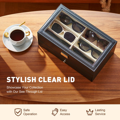 CO-Z Sunglasses Organizer with 12 Slots, Multiple Eyeglasses Eyewear Display Case for Women Men, 2 Story Leather Multi Sunglasses Jewelry Collection Holder with Drawer