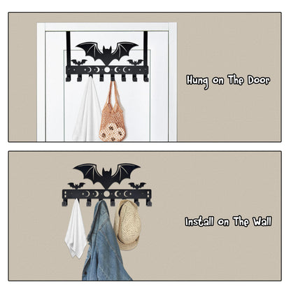 Gothic Bat Over The Door Hooks - 8-Hook Set with Moon Phase & Cross Design for Halloween Spooky Bathroom Decor | Metal Towel Hanger for Goth Home Accessories | Halloween Gothic Wall Organizer