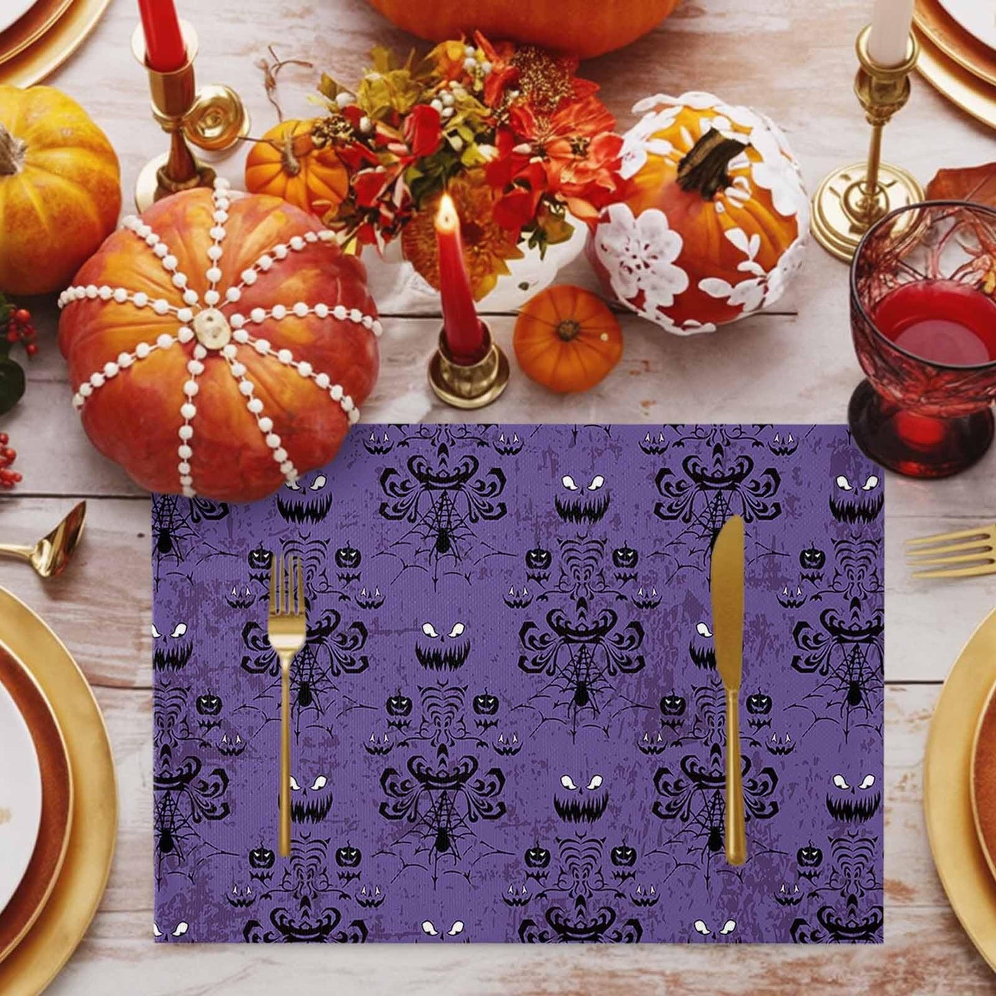 Placemats for Dining Table Set of 6, Halloween Haunted Mansion Design Table Mats Stain Resistant Heat Insulation Non-Slip Washable Table Decoration for Kitchen, Purple Black