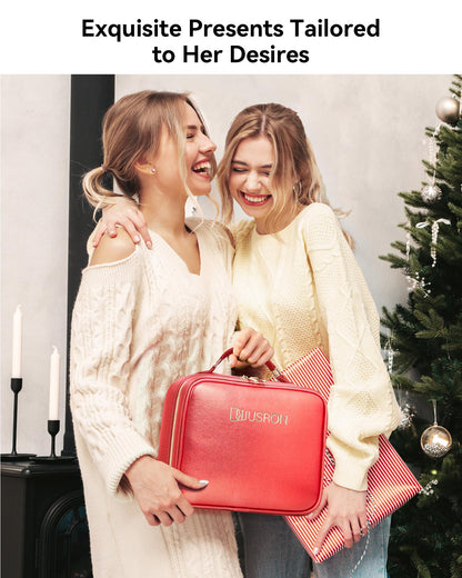 JUSRON Travel Makeup Bag With LED Mirror, Cosmetic Train Case with Light up Mirror, Portable Makeup Artist Organizer Bag with Adjustable Dividers, Makeup Brush Holder Storage (Red, Large)