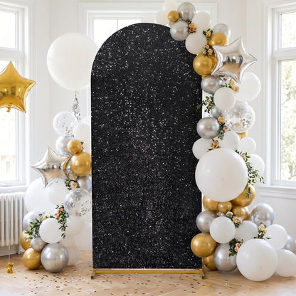 Set of 3 Black Arch Backdrop Covers Sequin Backdrop Arch Cover for Wedding Party Halloween Graguation Birthday Flower Balloon Stand(7.2ft, 6.6ft, 6ft)