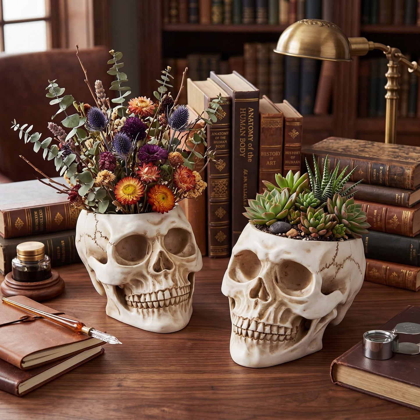 Acellegic 2 Pack Skull Planter Resin Skull Head Flower Pot Candy Bowl Spooky Gothic Decoration for Tabletop Home Bar Office Desk Halloween (Antique White, Minimalist)