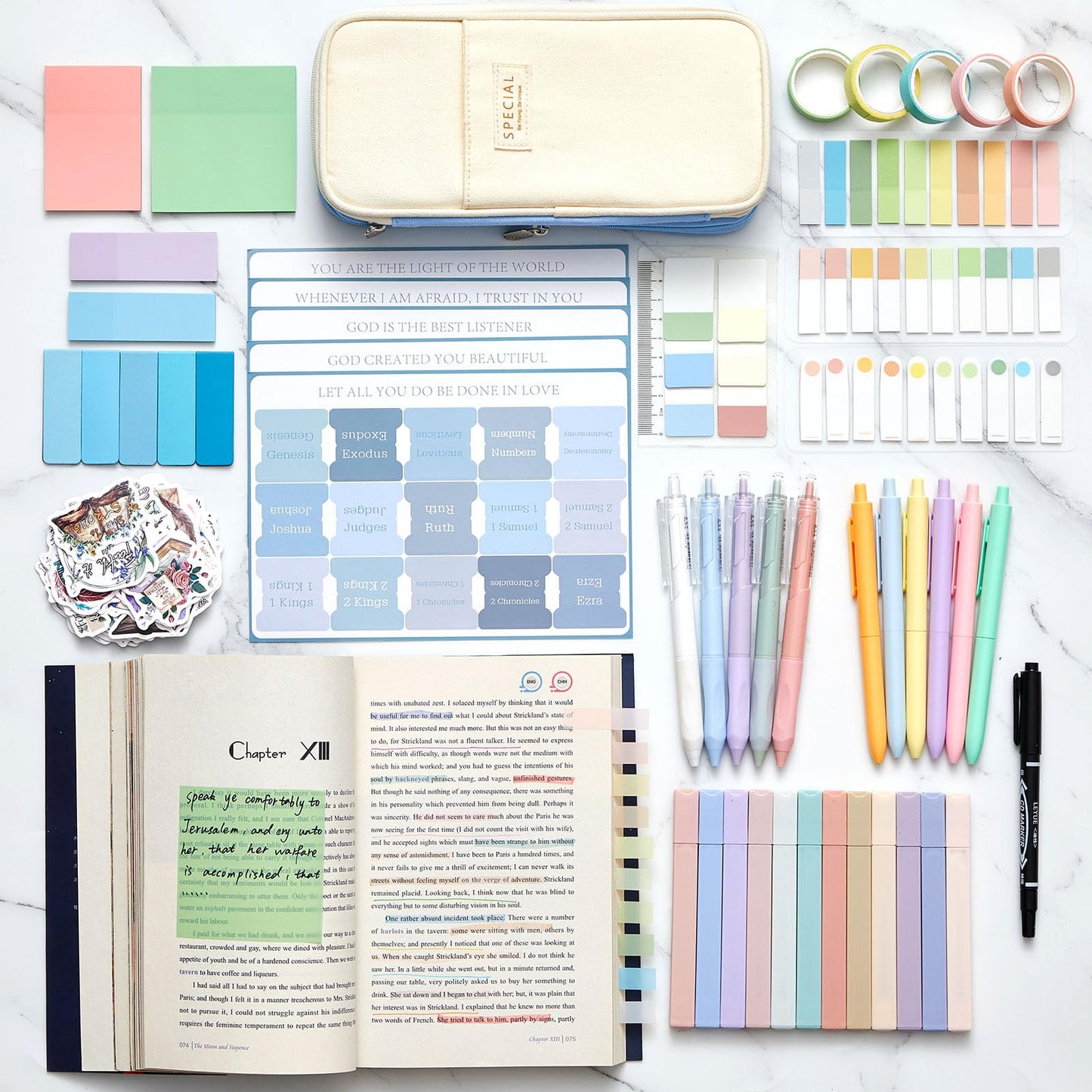 98 Pcs Bible Study Supplies, Bible Journaling Kit for Women, Aesthetic Study Kit with Pencil Case Book Annotation Aesthetic Highlighters Notes Gel Pens for Office Christian Gifts Christmas(Blue)
