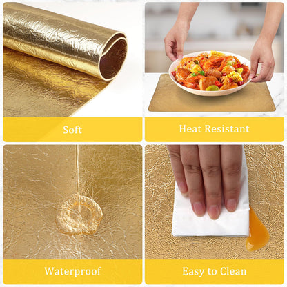 comfoyar Faux Leather Placemats Set of 6 with Coasters, 12x17inch Non-Slip Heat Resistant Dual-Sided Gold Crackled Place Mats, Washable Waterproof Table Mats for Kitchen Dining Party Table Decoration