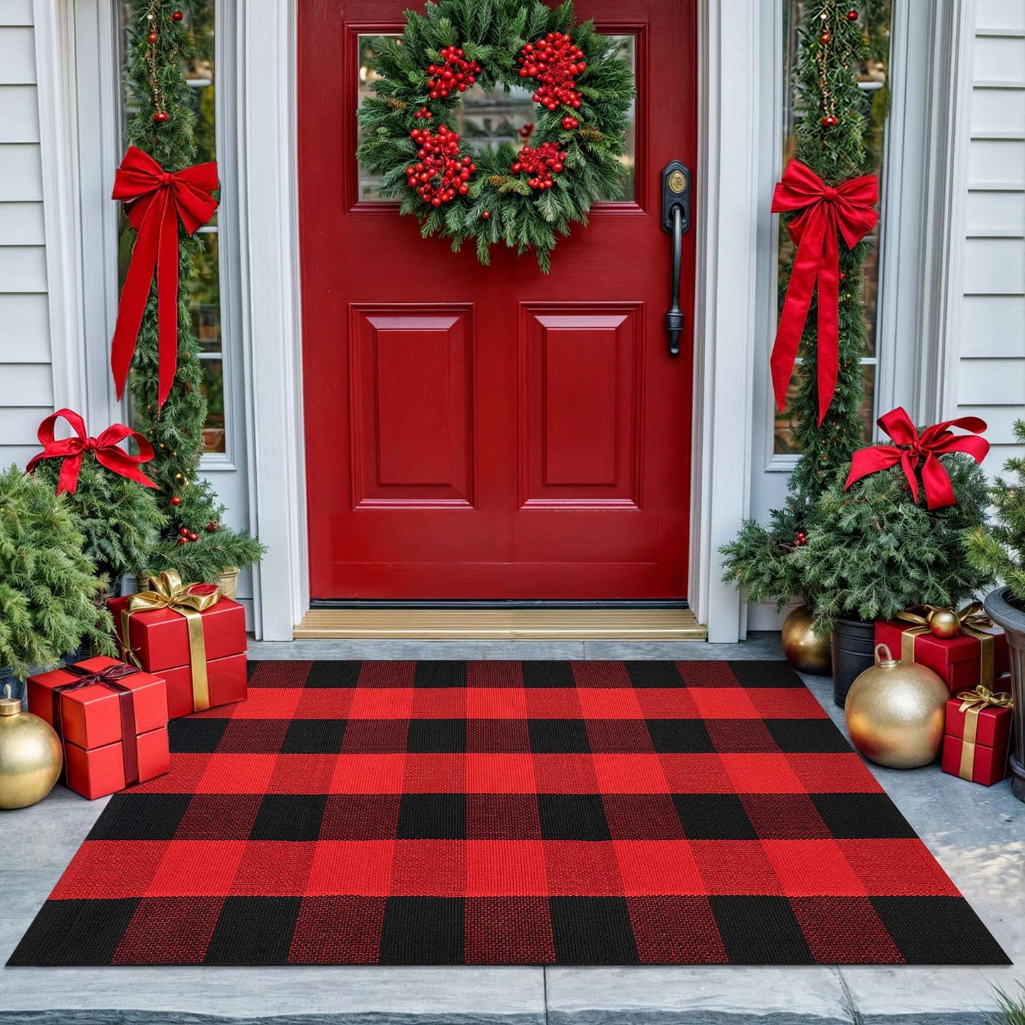 KOZYFLY Buffalo Plaid Rug 27.5x43 Inches Red and Black Checkered Rug Christmas Halloween Fall Door Mat Woven Cotton Washable Area Rugs Door Mat Outdoor Entrance for Front Porch Entryway