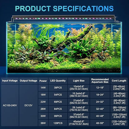 AQQA LED Aquarium Light for Plants, 24/7 Mode Full Spectrum Fish Tank Light with 3 Light Modes, Adjustable Timer/Brightness, Memory Function, Extendable Brackets for Freshwater for 24-32 Inch Tank 22W